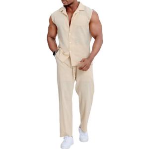 Mens Linen Sets 2 Piece Outfits Sleeveless Shirt and Pants Set Vacation Outfit for Men Summer Beach Suits (XXXL)