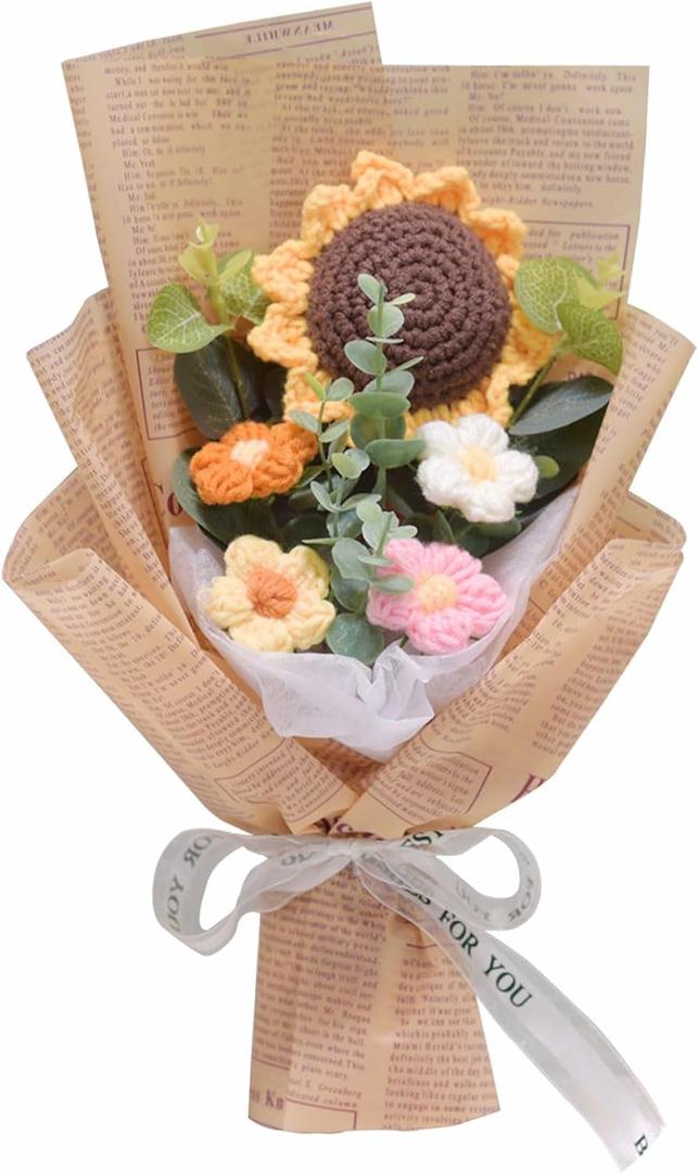 Crochet Flowers Bouquet, Handmade Knitted Bouquet, Crochet Flower Kit Knitted Fake Sunflower Daisy, Gift for Mother Wife on Birthday Anniversary (01English Paper)