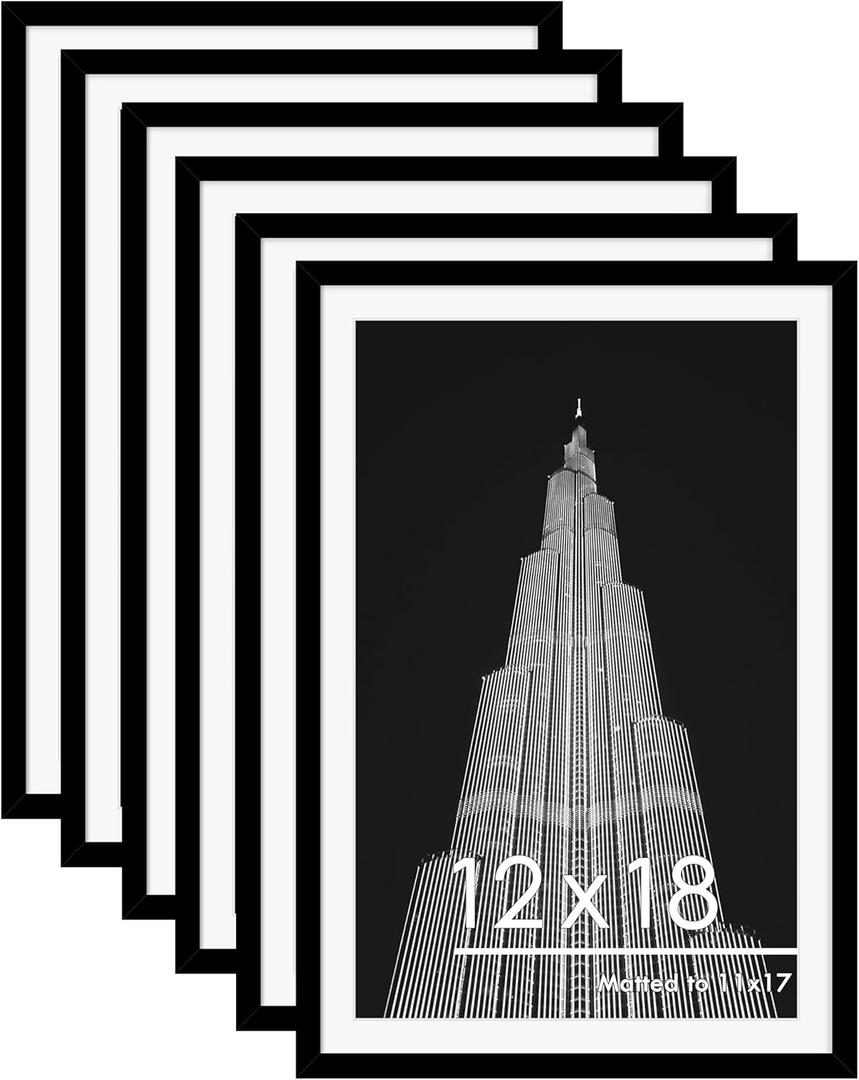 PEALSN 12x18 Picture Frame Set of 6, Display Pictures 11x17 with Mat or 12x18 without Mat for Wall Mounting Display, Poster Frames Collage for Wall Decor, Black.