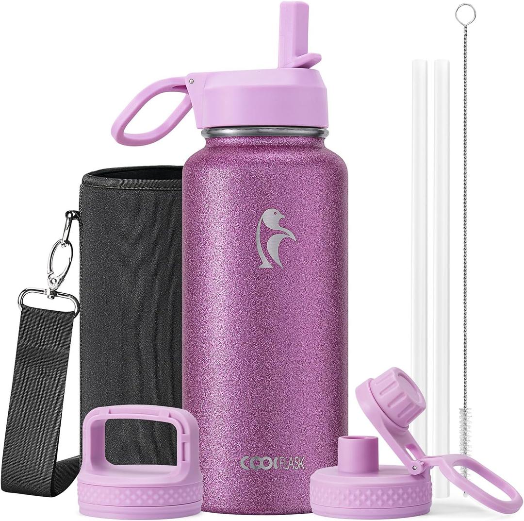 Coolflask 32 oz Water Bottle Insulated with Straw & 3 Leakproof Lids
Water Flask Stainless Steel Triple-Wall Vacuum,Cold 48+h, Dishwasher Safe,Wide Mouth,BPA-Free,Carrier Bag,for Gym,Hiking