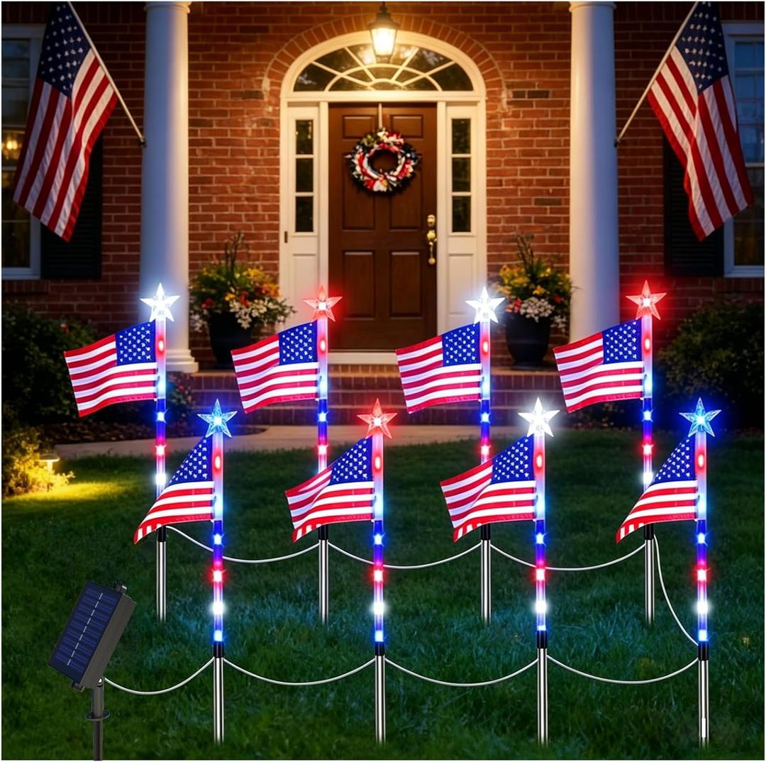 4th of July Decorations Outdoor American Flag Lights, 8-Pack Solar Powered Pathway Lights with USA Flags and LED Stars, Red White and Blue Patriotic Yard Decor