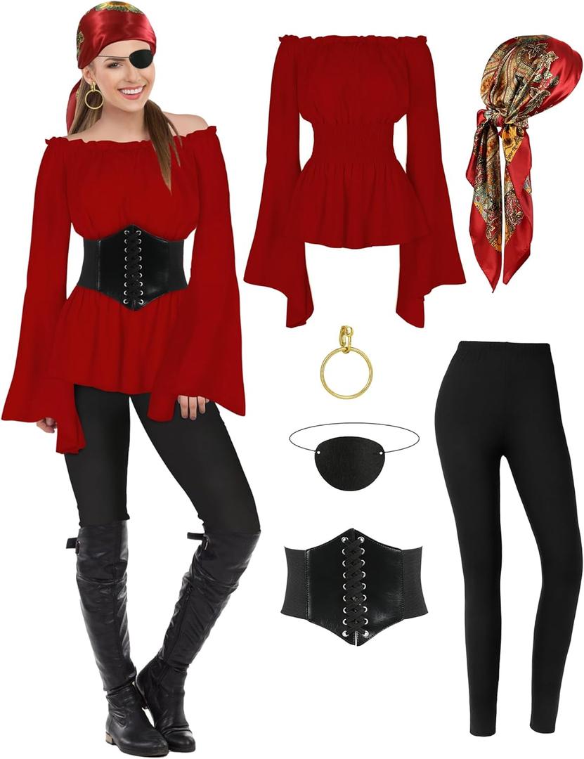 CICOCI Pirate Costume For Women With Accessories Renaissance Blouse Top Belt Headscarf Full Outfits (Large, Red)