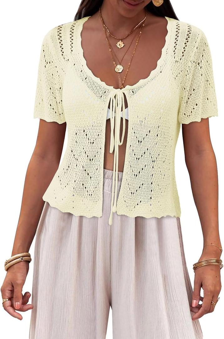 Saodimallsu Womens Tie Crochet Shrug Short Sleeve Cropped Summer Lightweight Knit Cardigan Bolero Sweater Cover Ups (Small, Beige)