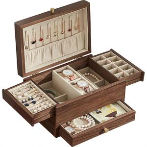 CHOSIN Black Walnut Wooden Jewelry Box for Women, 3 Level Multi-functional Drawer Organizer Box Watch Necklace Ring Earring Storage, Ideal Gift for Her