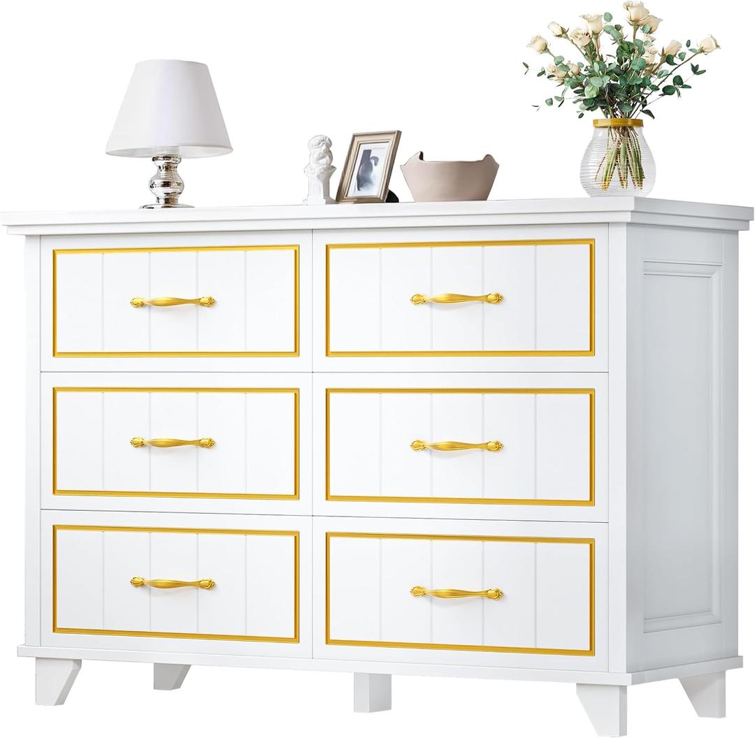 DWVO Farmhouse Wooden Dresser TV Stand with Power Outlet, 6-Drawer Dresser with Large Storage Drawers and Bar Handles, Ideal for Living Room, Hallway, 47.2" L x 15.7" W x 33.4" H - White & Walnut