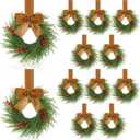 12 Pcs 9'' Small Christmas Kitchen Cabinet Wreaths with Plaid Bow Ribbon Mini Hanging Christmas Wreath Artificial Greenery Wreath for Front Door Porch Wall Window(Khaki Color)