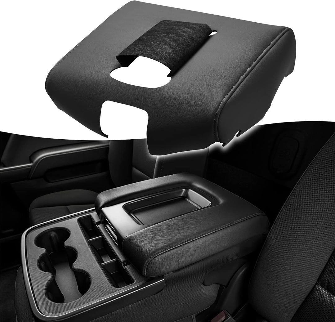 KBH Auto Center Console Cover Replacement for Chevy Chevrolet Silverado & GMC Sierra 1500 2500 3500 2014-2018, Vinyl Leather Armrest Replace Covering, Anti-Scratch, Split Bench Jump Seat (Black)