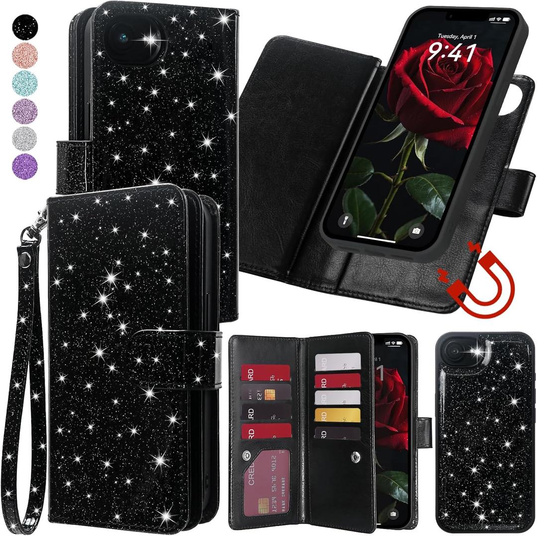 Varikke for iPhone 17e / iPhone 16e Wallet Case Detachable with RFID Blocking Card Holder for Women, Glitter Leather Wrist Strap Strong Magnetic Flip Wallet Removable Phone Case 6.1", Black
