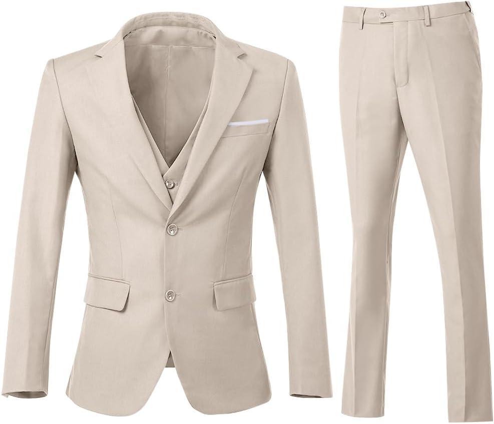 Men's 3 Piece Slim Fit Suit Set, Two Button Blazer Solid Jacket Vest Pants Wedding Business Suit (Light Champagne)