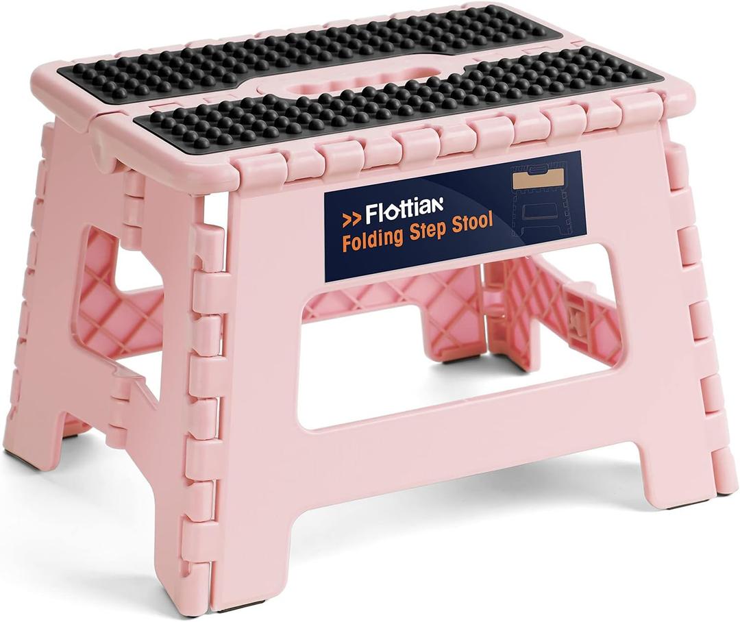 Flottian 9" Folding Step Stool for Adults and Kids Holds Up to 300 lbs,Non-Slip Folding Stools with Portable Handle, Compact Plastic Foldable Step Stool for Bathroom,Bedroom, Kitchen Sakura Pink
