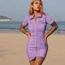 DAAWENXI Women's Sexy V Neck Ruched Button Down Clubwear Night Out Mini Club Dress (Purple, L)