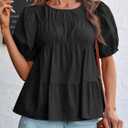 Tankaneo Womens Puff Sleeve Peplum Babydoll Tops Summer Flowy Pleated Cotton T-Shirts Casual Loose Fit Cute Blouse (Black, M)