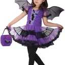 DNQCOS Girls Bat Halloween Costume Witch Cosplay Costume Tutu Dress Set for Kids Size 3-4year