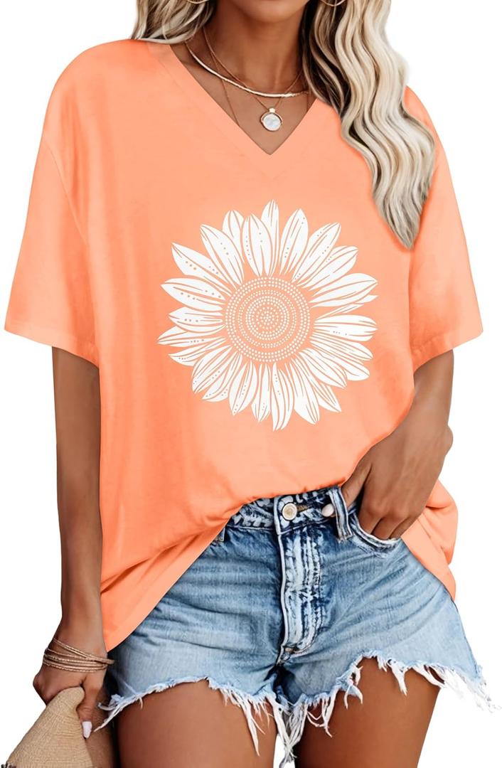 Oversized Tshirts for Women V Neck Short Sleeve Summer Casual Basic Loose Tops 2026 (Orange, XL)
