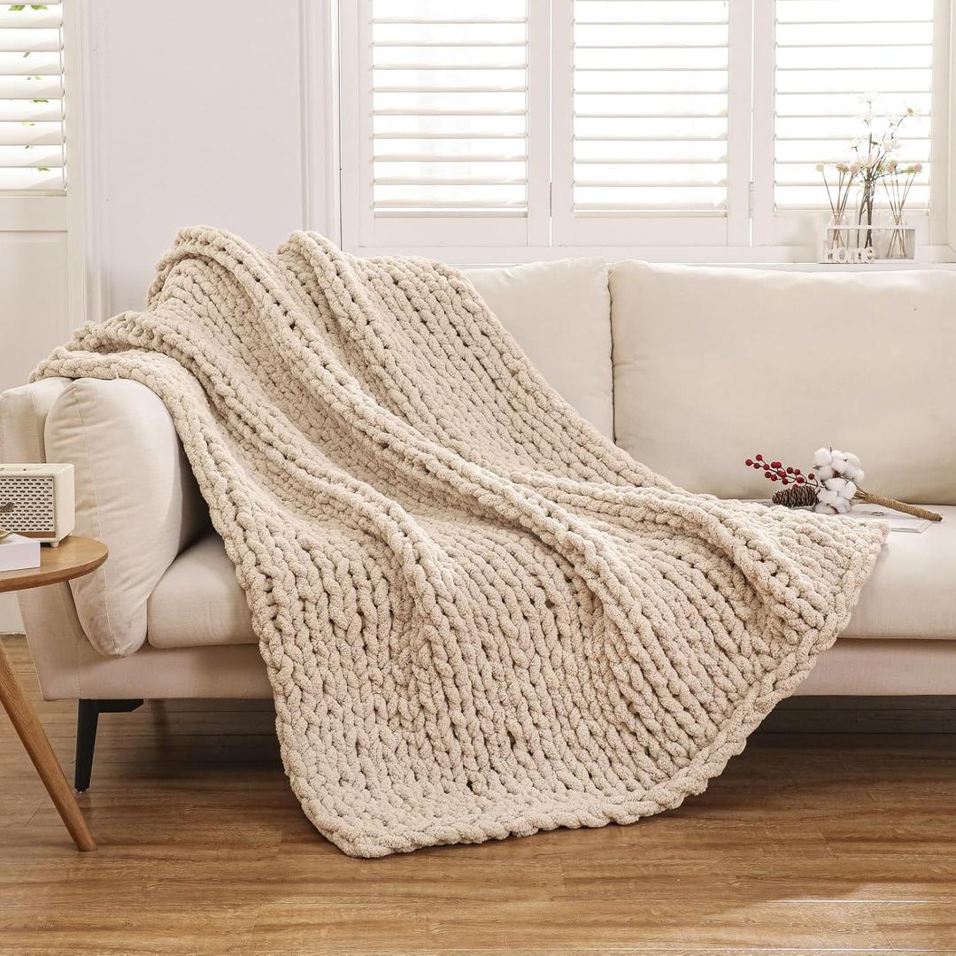 WESHIONGOO Chunky Knit Blanket Throw Knitted Throw Blankets for Couch Bed Fluffy Soft Blanket with Jumbo Chenille Yarn Thick 100% Handmade (Linen, 51"63")