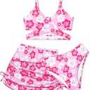 Girls Swimsuits 3 Piece Bathing Suit Allover Printed Criss Cross Bikini Set with Cover Up Skirt Beach Swimwear 13-14years