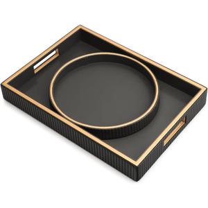 SANZIE Leather Tray Desktop Storage Organizer Premium Serving Tray Decorative Tray Valet Tray for Sundries Cosmetics Phone Wallet Cutlery, Combination, Black (Black Holder With Disc)
