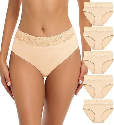 RHYFF Womens Underwear Cotton Bikini Panties Lace Soft Hipster Panty Ladies Stretch Full Briefs 5 Pack, Small
