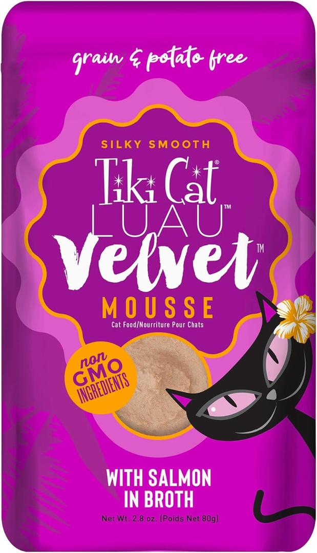 Tiki Cat Luau Velvet Mousse, Salmon in Broth, Complete Nutrition for Balanced Diet, Wet Cat Food For All Life Stages, 2.8 oz. Pouch (Pack of 12)