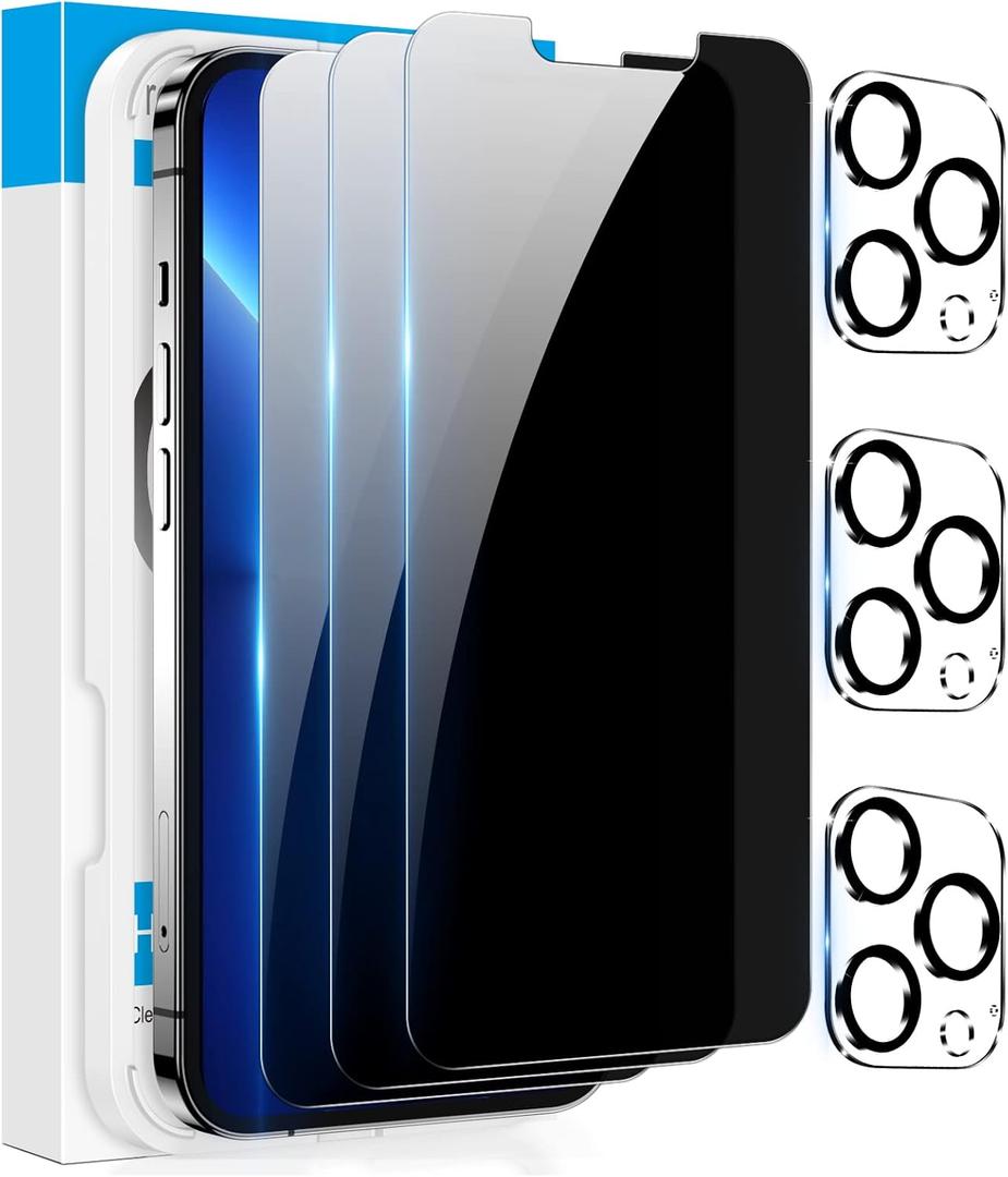 Fotbor [3+3 Pack] iPhone 13 Pro Max Privacy Screen Protector with Camera Lens Protector, Anti Spy Private Full Coverage Bubble Free 9H Hardness Tempered Glass Film 6.7 Inch with Easy Installation Kit