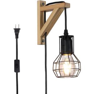 Modern Industrial Plug in Cord Cage Wall Lamp Lift Pipe - Black Wood Retro Rustic Pendant Lamp Adjustable Hanging Wall Mount Light Fixture - Indoor Wall Sconces Decoration for Living Room Kid Bedroom