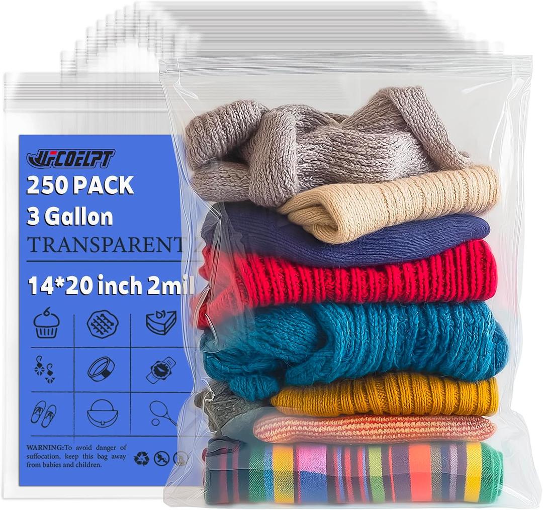 14"x20" Zip Bags 3 Gallon - 250PCS Large Resealable Plastic Bags for Storage, Clear Zipper Bag for Clothing, Food, Travel, and Organization