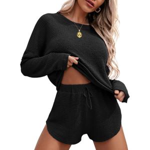 Ekouaer Womens Waffle Knit Pajama Sets Long Sleeve Top and Shorts Matching Lounge Set Loungewear Sweatsuit with Pockets (Black, M)