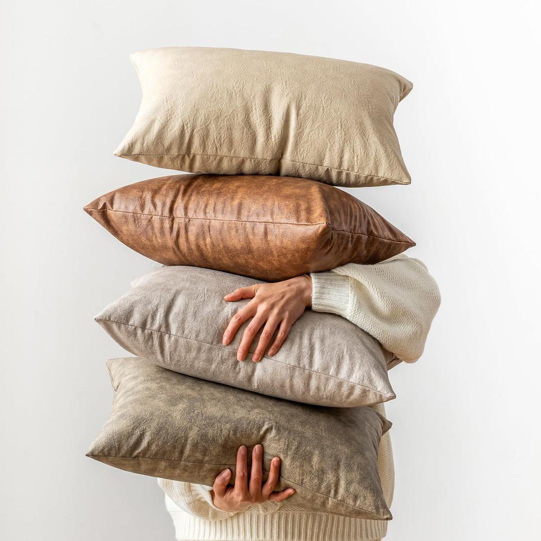 Pack of 4 Neutral Lumbar Decorative Faux Leather Throw Pillow Covers 12x20 inch, Soft Modern Boho Luxury Waterproof Floor Cushion Cases, for Outdoor Lounge Sofa Couch Bed Home Decor (Beige/Light Grey/Olive Green/Brown)