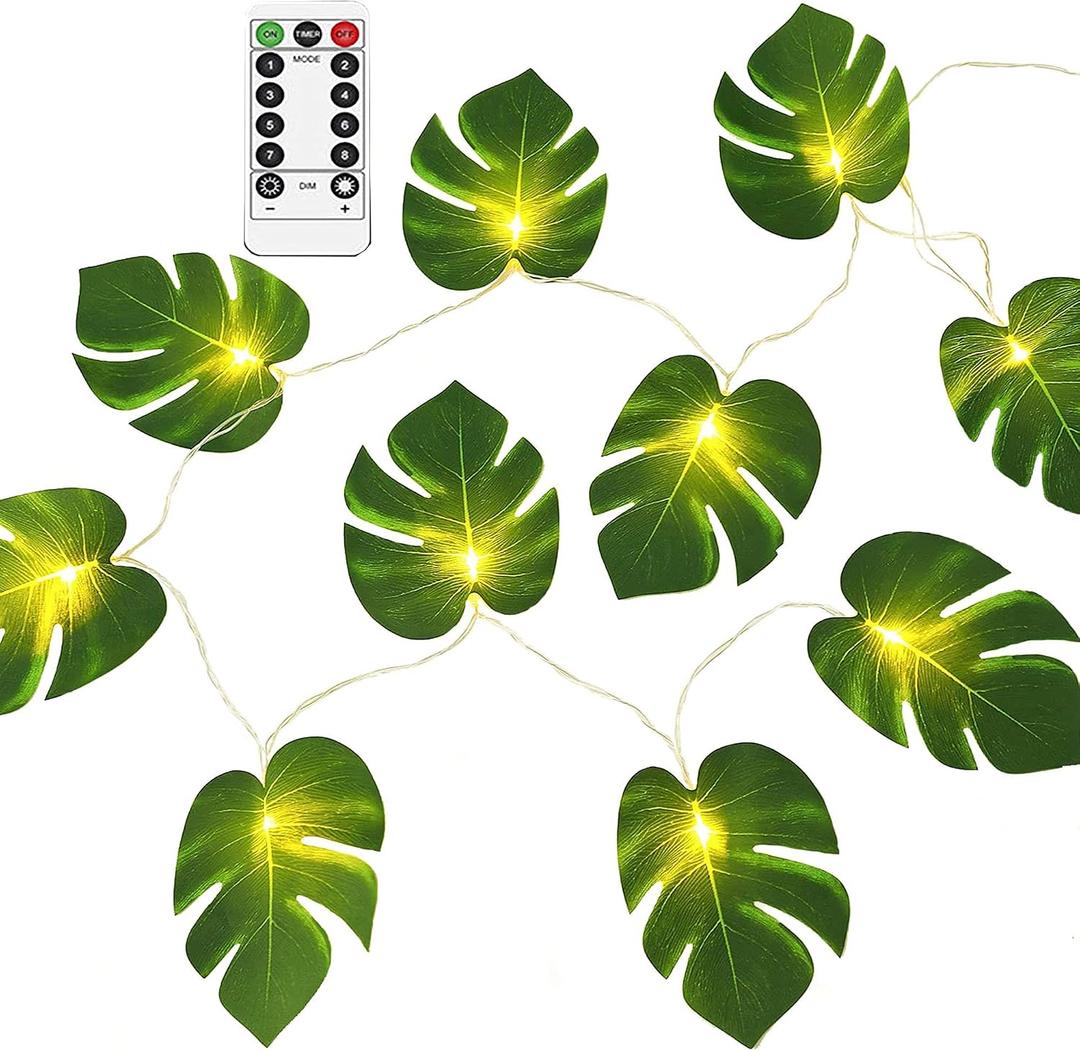 Monstera Leaves String Lights,10 Ft 20 LEDs Artificial Palm Leaves Wall Hanging Vine Leaf Lights Battery Operated Green Leaf Fairy Lights for Christmas Bedroom and Courtyard Park