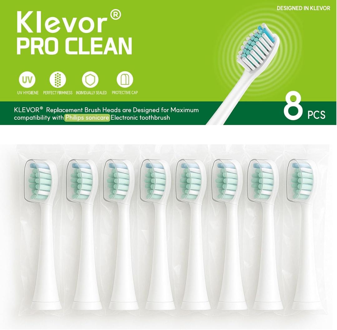 KLEVOR Replacement Toothbrush Heads for Philips Sonicare  8 Count  Individually Wrapped & Protective Travel Cap  Compatible with DiamondClean, FlexCare, ProtectiveClean, Series 2/3 and More