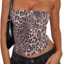 RoseSeek Women's Leopard Cheetah Sequin Strapless Bandeau Crop Tube Top Glitter Sleeveless Summer Going Out Tops, Small