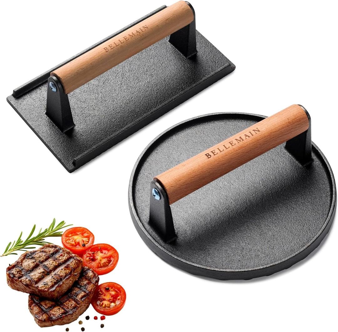 Bellemain Heavy-Duty Cast Iron Grill Press Set  Perfect Smash Burger Press & Steak Tool with Ergonomic Wood Handle for Pro-Level Searing on Griddle, Skillet, or BBQ (7 Round and Rectangle)