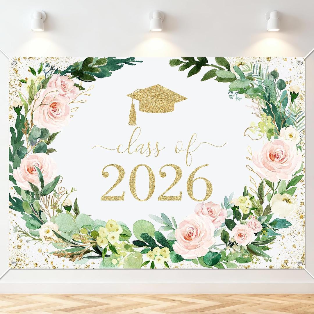 Avezano Floral Graduation Backdrop Flower Garland Graduation Party Decorations 2026 Congrats Grad Class of 2026 Photoshoot Background Prom Party Banner Supplies (8x6ft)