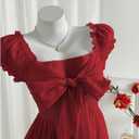 SHENHE Women's Summer Puff Sleeve Peplum Blouse Smocked Tie Bow Coquette Chiffon Shirt Top (Red, M)