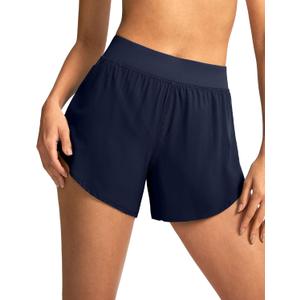 Soothfeel High Waisted Athletic Running Shorts for Women Dolphin Shorts High Split Quick Dry Gym Workout Shorts with Liner (Small, Navy)