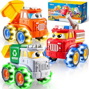 Jova GlowRover 3 Pack Monster Truck Toys, City Utility Cars with LED Light Up Wheels, Friction Powered Cars for Toddlers Boys Girls Age 18 Month and Up, Easter Basket Stuffers Birthday Gifts