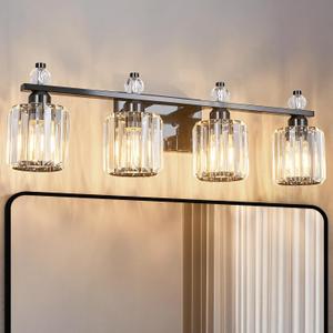 Bathroom Vanity Lights 4-Light Plating Black Modern Crystal Vanity Light Fixtures Over Mirror Crystal Bathroom Vanity Lighting Fixtures