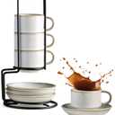 Gomakren 2.5 Ounce Espresso Cups Set of 4, Small Stackable Coffee Cups with Saucers and Metal Stand, Valentine Porcelain Demitasse Cups for Specialty Coffee Drinks, Espresso, Cappuccino, Latte, White