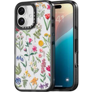 Compatible for iPhone 16 Case Cute - Durable Shockproof 6.6 ft Drop Impact Phone Case - Black Funny Nature Flower Design for iPhone 16 6.1"