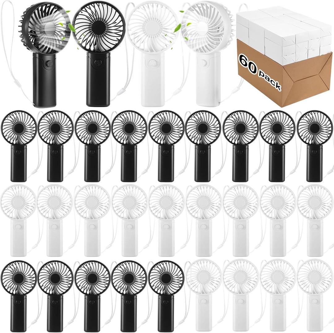 Woanger 60 Pack Mini Handheld Fan Bulk with Rope Hanging Portable Eyelash Fans Small Personal Cooling for Wedding Travel Makeup Camping Hiking Independent White Box (Black,White)