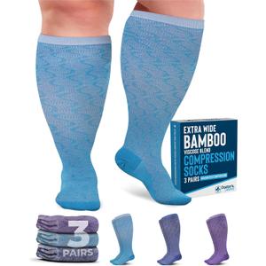 Doctor's Select 3 Pairs Plus Size Compression Socks Wide Calf | Bamboo Viscose Knee High Socks for Circulation Support | Compression Socks Plus Size | Purple, Indigo, Teal (S Pattern) (X-Large)