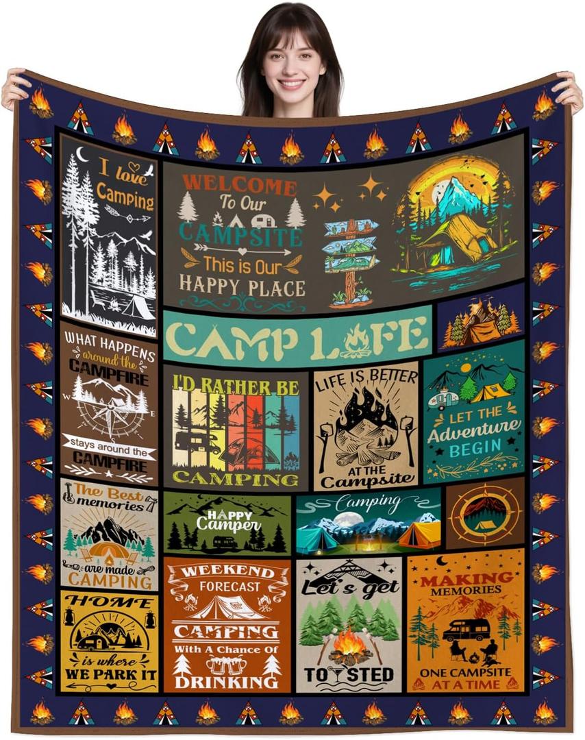 Camping Blanket Gifts for Women Men Camping Essentials Throw Blankets Camp Lovers Gifts Camper Accessories Decor Stuff Gift for Kids Boys Adults Campsite Outdoors Travel Hiking Rv Gift 60"X50"