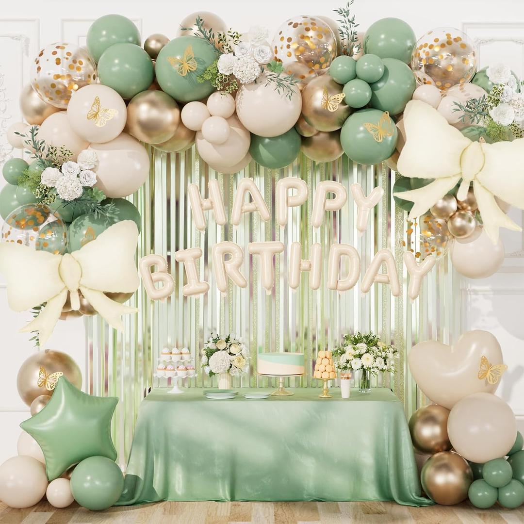 DBKL Sage Green Birthday Decorations with Happy Birthday Banner, Sage Green Sand White Gold Confetti Balloons Butterfly Fringe Curtain Party Decorations for Women Girls
