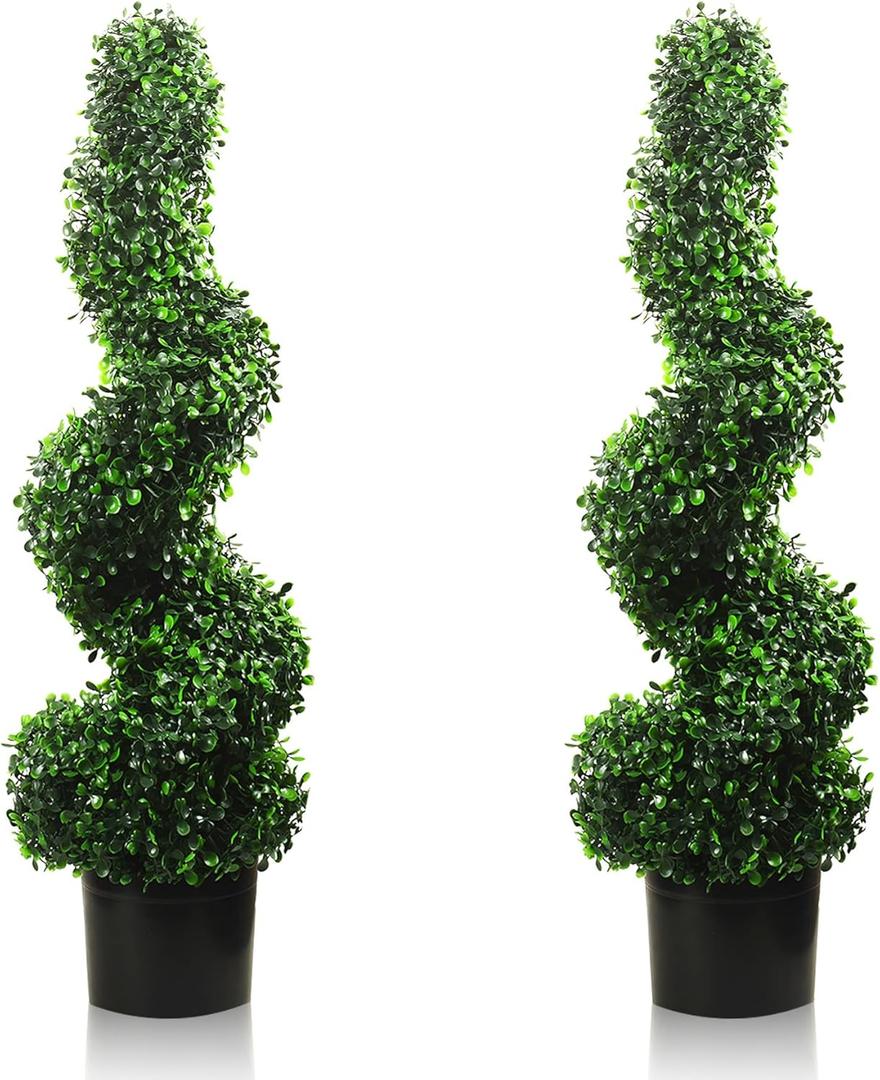 3FT Artificial Spiral Boxwood,Topiary Trees Artificial Outdoor-Indoor Outdoor Decor - Plastic Pots, 2Pack