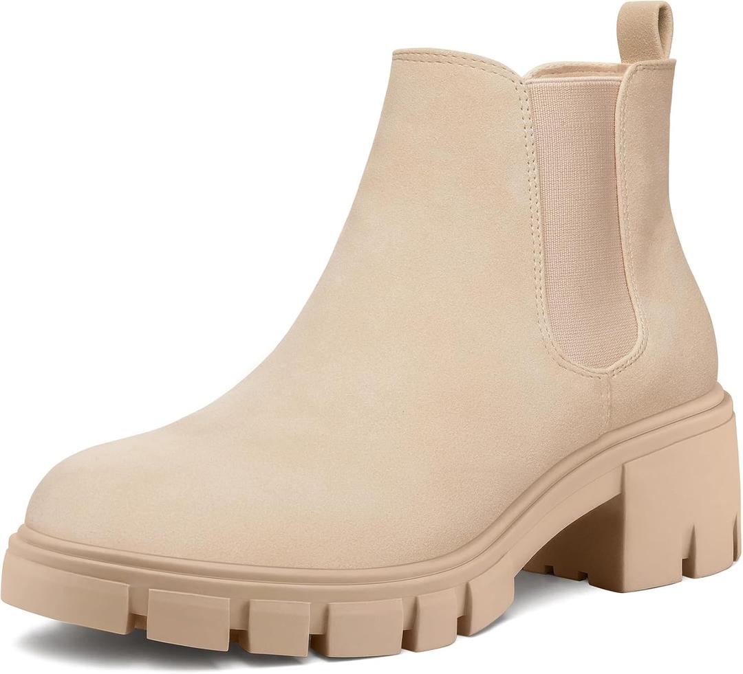 mysoft Women's Platform Chelsea Boots Lug Sole Slip On Chunky Block Heel Ankle Booties (8, Nude)