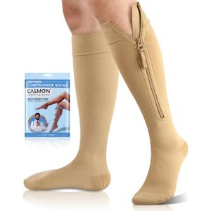 CASMON 15-20mmHg Zipper Compression Socks for Women and Men, Knee High Compression Stockings, Medical Closed Toe Support Socks for Varicose Veins, Post-Surgery, Swelling, Nurses, Pregnancy (1 Pair) (Large, Beige)