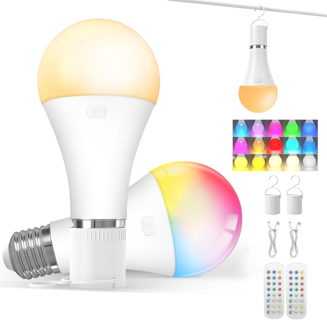 KINDEEP E26 Rechargeable Light Bulbs, A19 LED Battery Operated Bulb with Remote, 2000mAh Wireless Backup Light Bulb - Dimmable, 15 Colors & 3 Timer for Sconces Lamp Camping, 2 Pack