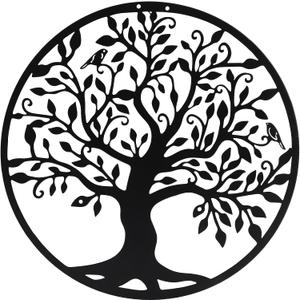 SOBEIT 20inch Tree of Life Metal Wall Art,Bird Tree Metal Wall Decor, Round Family Tree Wall Art for Wall Hanging, Garden, Home Decor, Living Room,Bedroom, Indoor, Outdoor(Black)