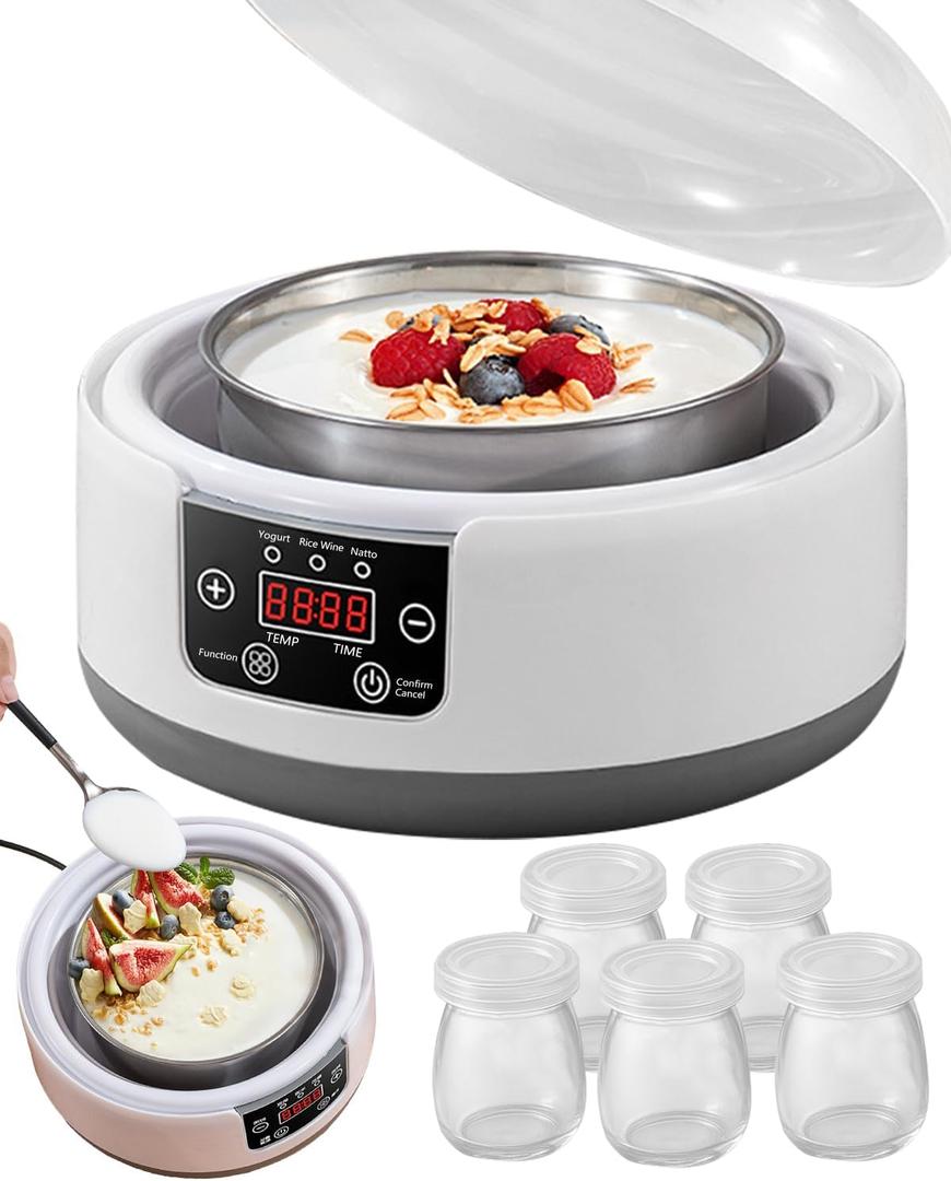 36 Hour Yogurt Maker, Automatic Digital Yoghurt Maker with Constant Temperature Control and Timer, Multifunctional Probiotic Yogurt Machine for Home Cheese, Fruit Wine (With 5 Glass Jars 42 Ozs)