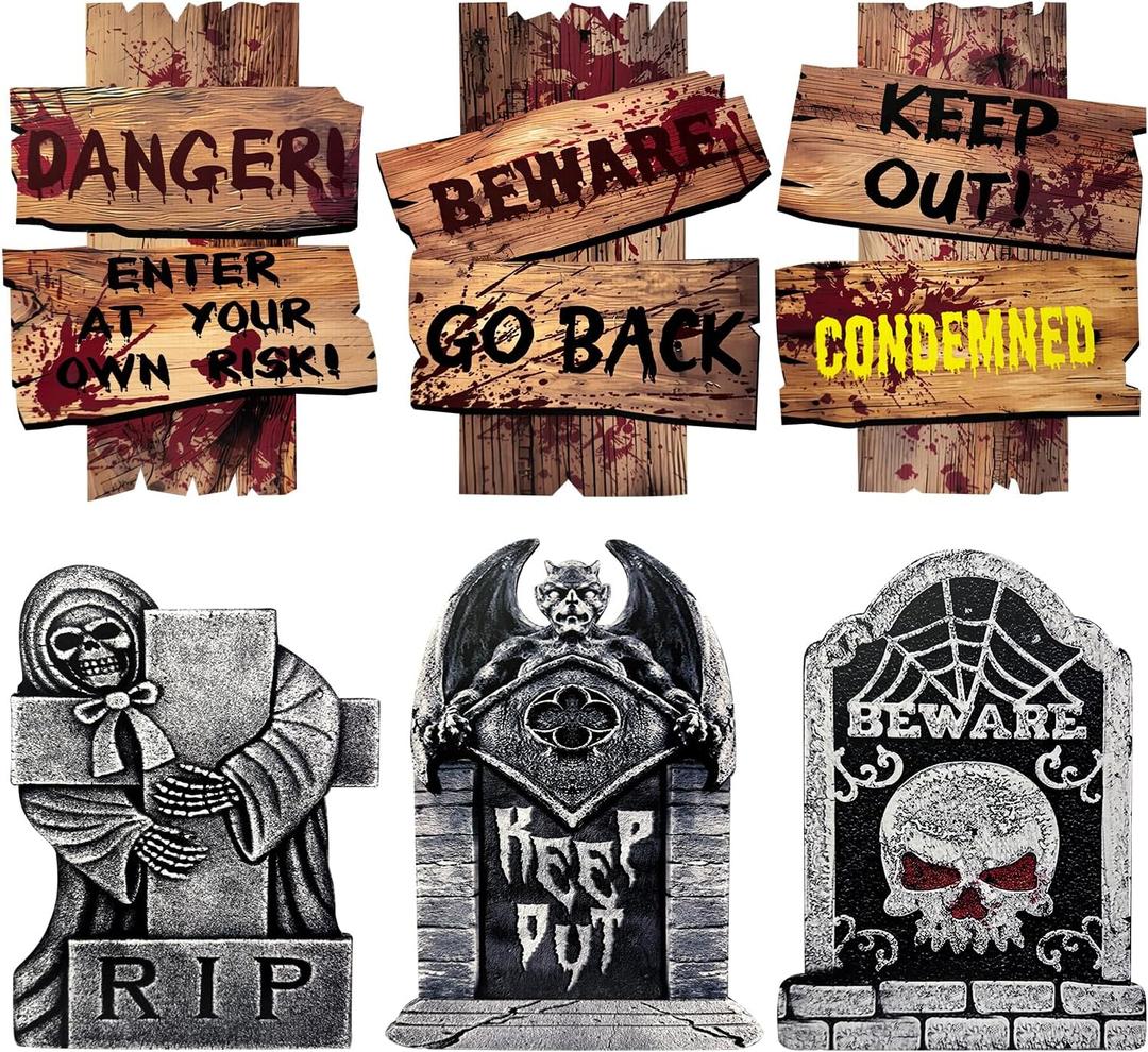 Halloween Decorations Outdoor, 6 Pack Realistic Corrugated Plastic Tombstones and Scary Graveyard Signs with Stakes, Statues Scary Lawn Decor for Vampire Graves, Garden, Home and Party